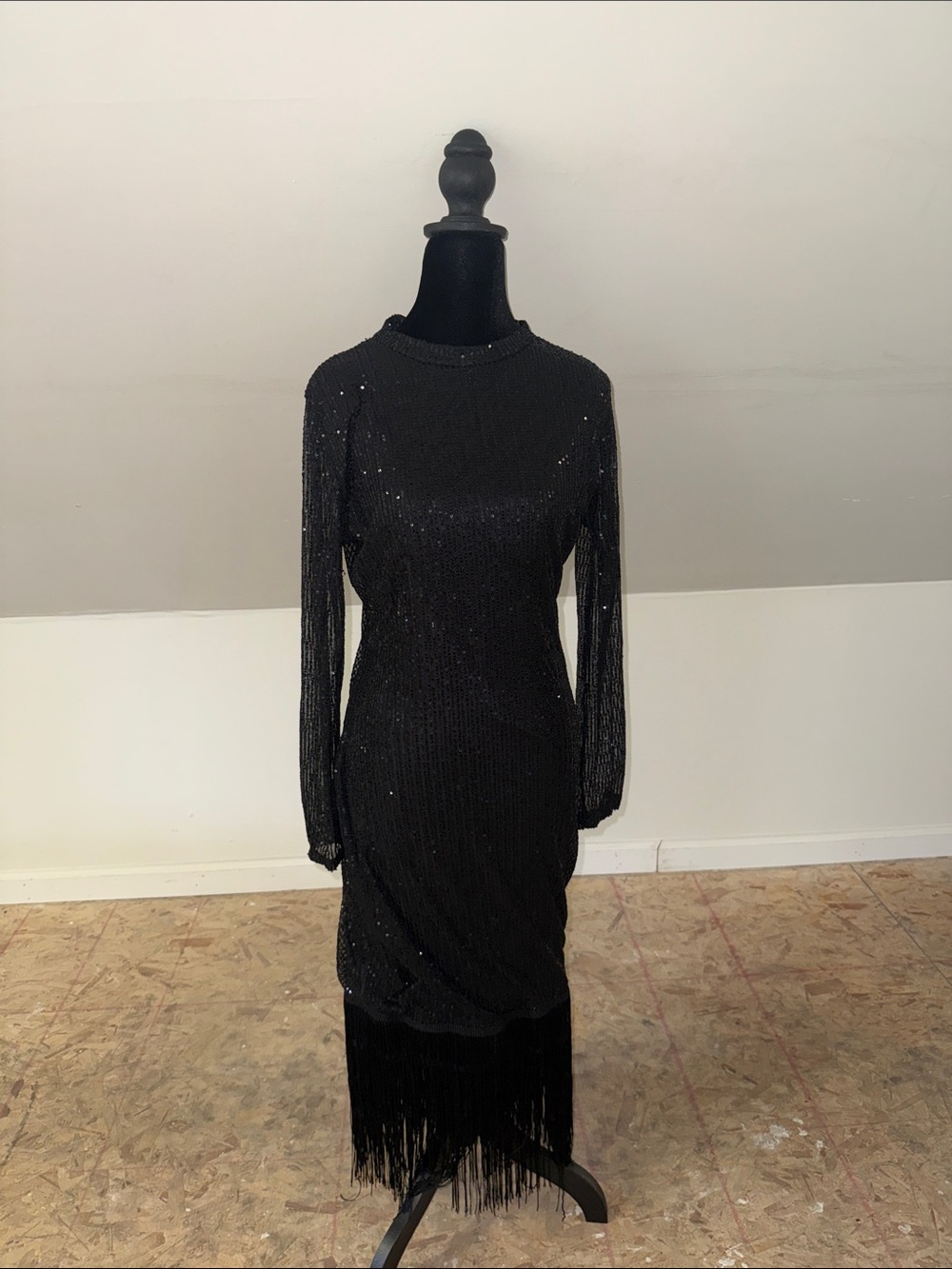 Black Sequin Fringe Long Sleeve Cocktail Dress